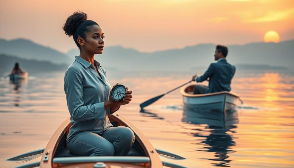 A serene scene depicting a diverse group of former athletes navigating a calm, reflective body of water in small, elegant boats. In the foreground, a Latina woman in a smart-casual outfit is holding a compass, symbolizing guidance and new directions. In the middle ground, a Black man wearing casual professional attire is steering his boat, looking contemplative as he gazes toward the horizon. The background features soft, painted-like mountains under a gentle sunset with hues of orange and pink, casting a warm glow over the scene. The lighting is soft and ambient, creating a peaceful atmosphere that highlights the theme of transition and exploration in life after competition. The overall mood is hopeful and introspective, capturing the essence of embarking on new journeys.