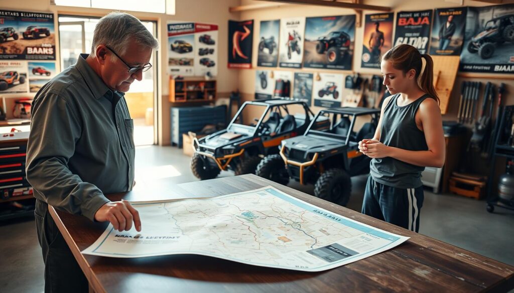 A structured scene portraying a mentor and an athlete engaged in a focused discussion about their Baja blueprint for success. In the foreground, the mentor, a middle-aged individual in professional attire, is pointing to a detailed map of Baja terrain spread out on a table, showcasing key areas for training. The athlete, a young adult dressed in modest athletic wear, is attentively listening, taking notes. In the middle, various Baja race vehicles are prominently featured, hinting at the mentorship's relevance. The background displays a sunlit workshop filled with tools and posters of past Baja races, creating an inspiring atmosphere. The overall lighting is warm and inviting, highlighting their expressions of determination and focus, captured from a slightly elevated angle to emphasize the mentor's guidance. The mood is one of collaboration and motivation, reflecting the essence of building mentor-athlete relationships.