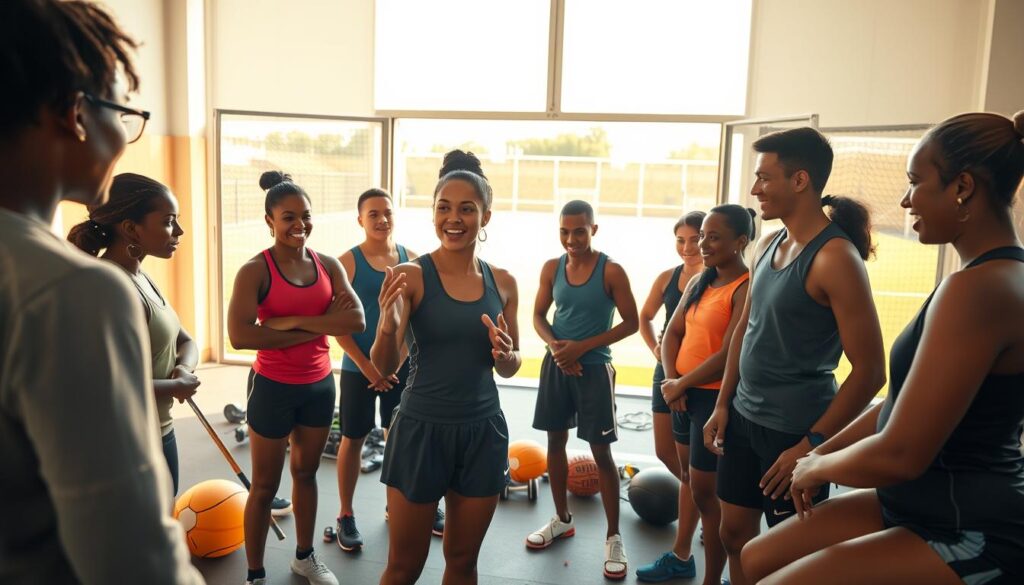 A vibrant and inspiring scene depicting a group of diverse athletes gathered in a sunlit training space, sharing valuable life lessons. In the foreground, one athlete, a young woman in a modest athletic outfit, gestures passionately while others listen intently, reflecting determination and aspiration. The middle ground features an array of sports equipment, symbolizing various disciplines, suggesting a unity in the pursuit of excellence. In the background, open doors lead to a bright outdoor field, bathed in golden hour light, conveying hope and opportunity. The atmosphere is motivating and uplifting, with warm, natural lighting enhancing the sense of camaraderie and shared ambition. The lens focuses on the group, with a slight depth of field to emphasize their connection and the importance of the advice being shared.