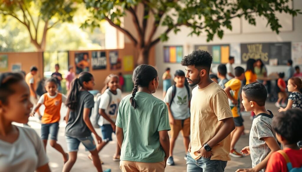 A vibrant community center bustling with young people engaging in various activities representing youth development programs. In the foreground, a diverse group of enthusiastic teenagers participate in a dynamic sports training session, showcasing teamwork and cooperation. In the middle ground, a mentoring session is taking place, featuring a mentor listening attentively to a youth's aspirations, surrounded by motivational posters. The background depicts an outdoor space with bright sunlight filtering through trees, where kids play games and interact socially. The atmosphere is uplifting and energetic, embodying the spirit of growth and opportunity. Utilize warm, natural lighting to enhance the inviting feel, with a slight depth of field to focus on the activities while softly blurring the surroundings.
