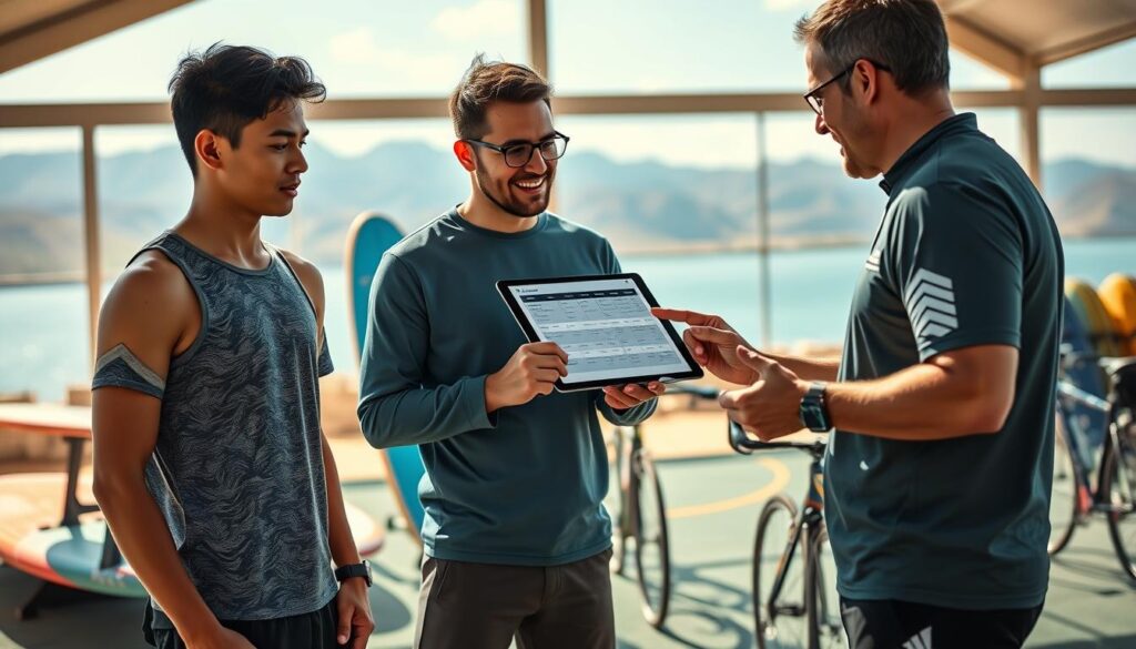 A vibrant scene depicting a mentorship session between a young Baja athlete and an experienced coach in a scenic sports facility. In the foreground, the athlete, wearing modest athletic wear, is focused, showing determination while receiving guidance. The mentor, dressed in professional coaching attire, is pointing towards a training schedule on a digital tablet, conveying enthusiasm and support. In the middle ground, training equipment such as surfboards and bicycles is neatly arranged, symbolizing the diverse sports involved. The background features a sunny outdoor landscape of Baja California, with mountains and the ocean in view, creating a sense of possibility and adventure. Utilize warm, natural lighting to enhance the optimistic atmosphere and capture the essence of mentorship in sports. The angle should be slightly elevated to encompass both subjects and the vibrant environment.