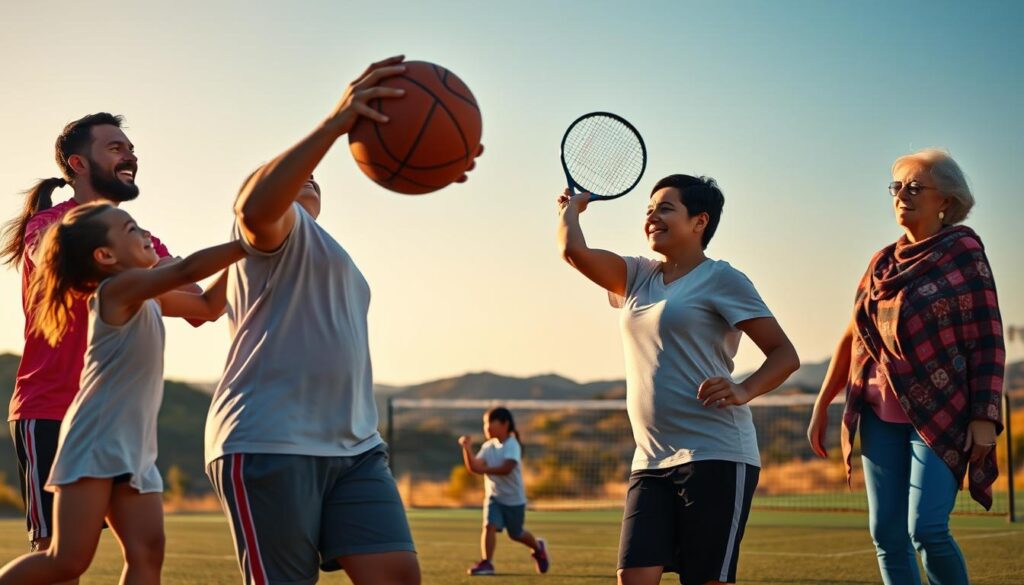 A vibrant scene depicting a multi-generational Baja family engaged in sports, showcasing their deep-rooted athletic legacy. In the foreground, a father and daughter are sharing a moment of joy, throwing a basketball to each other, both dressed in matching athletic gear. The middle ground features a mother coaching her son on tennis techniques, while a grandmother watches with pride, capturing the shared passion for sports. The background showcases a picturesque Baja landscape, with rolling hills and a clear blue sky. The lighting is warm and golden, suggesting late afternoon, creating an inviting atmosphere. The mood is one of connection, happiness, and the spirit of family traditions passed down through generations, celebrating their athletic achievements together.