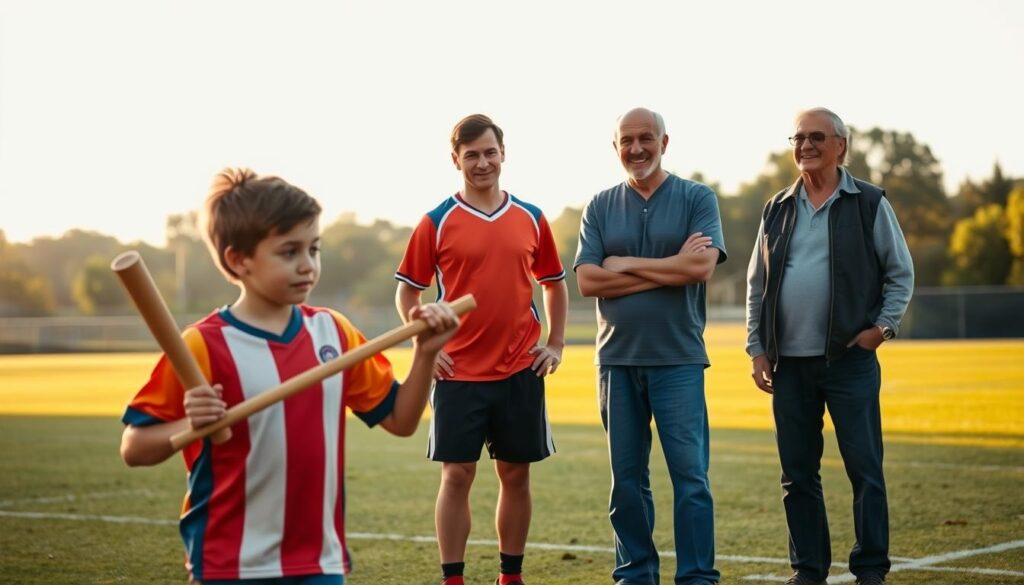 A vibrant scene showcasing the essence of sporting lineages, featuring three generations of athletes on a sunlit field. In the foreground, a young athlete in a colorful jersey, confidently holding a baton, symbolizing the act of passing the torch. In the middle ground, a parent figure in modest sports attire stands proudly, coaching and offering advice, while an older family member, dressed in casual clothing, watches with a smile, reflecting pride and wisdom. The background features a blurred, lush landscape of trees, hinting at a local sports complex. Soft, golden lighting bathes the scene, creating an uplifting atmosphere of legacy, teamwork, and inspiration. The composition is framed with a slight upward angle, emphasizing the hope and continuity in sports.