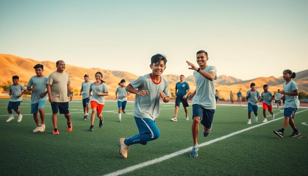 A vibrant sports academy scene set in Baja, highlighting youth athletes engaged in training and practice activities. In the foreground, diverse young athletes in modest sports attire passionately train on a well-maintained turf field, showcasing their strength and determination. In the middle ground, inspirational coaches provide guidance and support, their expressions reflecting dedication and leadership. The background features picturesque Baja landscapes, with rolling hills and a clear blue sky, casting warm sunlight that enhances the overall atmosphere of hope and opportunity. Use a wide-angle lens to create depth, with soft focus on the far background to emphasize the dynamic energy of the athletes in motion. The mood is uplifting and motivational, capturing the essence of perseverance amidst challenges.