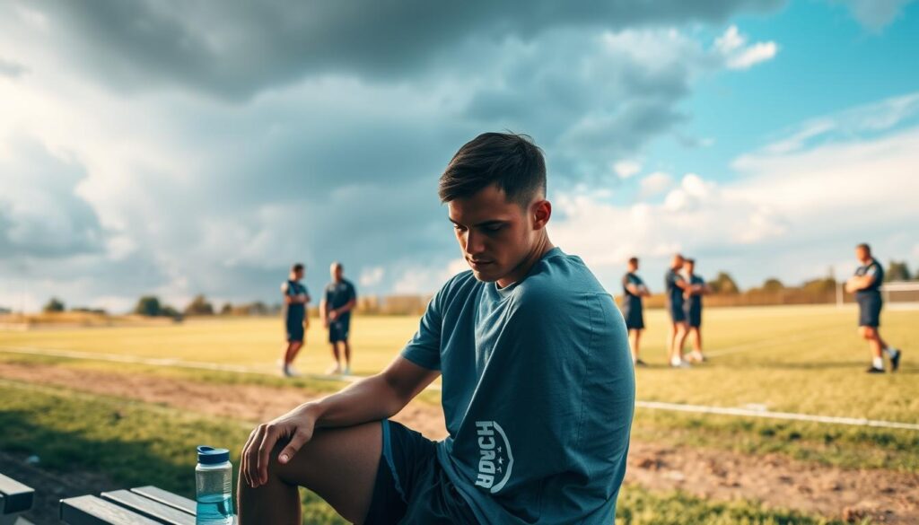 A contemplative athlete sitting on a bench after a tough defeat, displaying a mindset shift towards resilience. The foreground shows the athlete, dressed in a modest athletic outfit, looking pensively down, with a water bottle beside them. In the middle ground, a sun-drenched sports field with teammates in the background engaging in encouraging discussions, symbolizing camaraderie and support. The sky transition from stormy clouds to a clearing blue, illustrating the journey from despair to hope. The lighting is warm, casting a soft glow on the athlete's face, highlighting their determination. Shot from a low angle to emphasize their emotional state and the vast field behind them, evoking a sense of potential and new beginnings. The overall mood is reflective and hopeful, capturing the theme of mental strength in overcoming defeat.