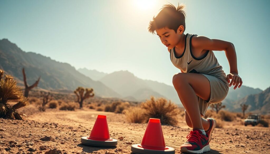 A dynamic scene capturing a young athlete training in a beautiful Baja landscape, showcasing vibrant colors of the desert. In the foreground, the athlete, wearing a modest athletic outfit, focuses intensely on a training drill, using agility cones. The middle ground features a clear view of Baja's rugged terrain with a dusty trail that signifies perseverance, and a few trees swaying gently in the breeze. The background showcases majestic mountains under a bright blue sky, with soft, golden sunlight illuminating the scene, creating a warm and inspiring atmosphere. The angle is slightly low to highlight the determination and spirit of the athlete, conveying a message of growth, focus, and the pursuit of excellence in sports. A dynamic scene capturing a young athlete training in a beautiful Baja landscape, showcasing vibrant colors of the desert. In the foreground, the athlete, wearing a modest athletic outfit, focuses intensely on a training drill, using agility cones. The middle ground features a clear view of Baja's rugged terrain with a dusty trail that signifies perseverance, and a few trees swaying gently in the breeze. The background showcases majestic mountains under a bright blue sky, with soft, golden sunlight illuminating the scene, creating a warm and inspiring atmosphere. The angle is slightly low to highlight the determination and spirit of the athlete, conveying a message of growth, focus, and the pursuit of excellence in sports.