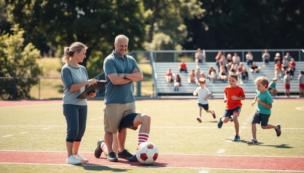 A heartwarming scene depicting a family gathered on a sunny outdoor athletic field, coaching their young athlete. In the foreground, a middle-aged mother kneels beside her teenager, pointing encouragingly while holding a clipboard, wearing modest athletic wear. Beside them, a father watches proudly, arms crossed, dressed in a casual polo and shorts. In the middle ground, siblings are seen practicing their sports skills, with a younger child dribbling a soccer ball and an older sibling perfecting their running form. The background features lush green trees and a distant bleacher filled with supportive family members, basking in warm sunlight. The overall mood is uplifting and supportive, conveying the bond of family in nurturing athletic talent, captured with a soft focus effect for a nostalgic feel.