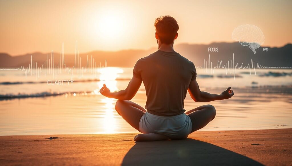A serene setting featuring a focused athlete in professional athletic gear, seated in a meditative pose on a tranquil beach in Baja. The sun is setting, casting warm golden light that reflects on the calm waters, creating a peaceful atmosphere. Surround the athlete with visual representations of mental health techniques: ethereal wisps of light symbolizing focus and clarity, alongside soft imagery of brain waves and motivational phrases in an abstract form, all blending harmoniously with the environment. In the background, gentle waves lapping against the shore and distant mountains add depth to the scene. Capture this moment from a slightly elevated angle to encompass both the athlete and the stunning backdrop, evoking a sense of clarity, calm, and mental strength.