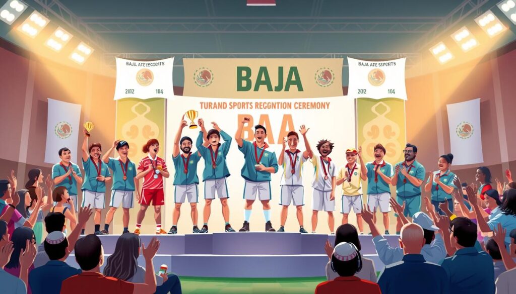 A vibrant and engaging illustration showcasing a grand sports recognition ceremony in Baja, where athletes are celebrated for their pivotal achievements. In the foreground, a diverse group of athletes in professional attire stands proudly on a podium, holding trophies and medals, their expressions a mix of joy and pride. In the middle ground, an audience of enthusiastic fans and family members erupt in applause, capturing the excitement of the moment. The background features a beautifully decorated stage with banners showcasing national symbols and achievements in Baja sports. Soft, warm lighting illuminates the scene, casting a celebratory glow. The image captures a sense of accomplishment and unity, evoking a powerful emotional atmosphere of pride and recognition in the world of sports. A vibrant and engaging illustration showcasing a grand sports recognition ceremony in Baja, where athletes are celebrated for their pivotal achievements. In the foreground, a diverse group of athletes in professional attire stands proudly on a podium, holding trophies and medals, their expressions a mix of joy and pride. In the middle ground, an audience of enthusiastic fans and family members erupt in applause, capturing the excitement of the moment. The background features a beautifully decorated stage with banners showcasing national symbols and achievements in Baja sports. Soft, warm lighting illuminates the scene, casting a celebratory glow. The image captures a sense of accomplishment and unity, evoking a powerful emotional atmosphere of pride and recognition in the world of sports.