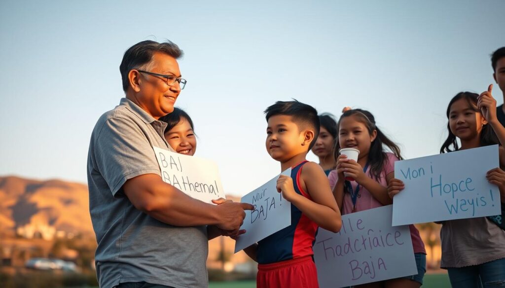 A warm and inspiring scene depicting a Baja family gathered together, showing their unwavering support for an athlete. In the foreground, a proud parent wearing modest casual clothing embraces their child, who is dressed in athletic gear, exuding determination before a competition. In the middle, siblings cheer enthusiastically, holding handmade signs of encouragement. The background features a vibrant Baja landscape with colorful hills and a clear blue sky, symbolizing the spirit of the region. Soft, golden hour lighting enhances the emotions of love and sacrifice, while the camera angle is slightly low, emphasizing the importance of family in the athlete's journey. The atmosphere is filled with hope and unity, capturing the essence of familial bonding in sports.