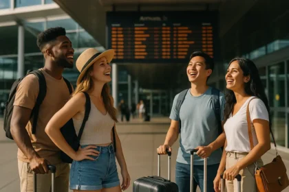 American International Travel planning scene with passport, map, and boarding pass