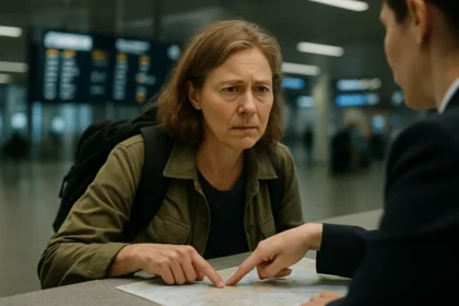 Traveler checking phone alerts at an airport to stay safe abroad