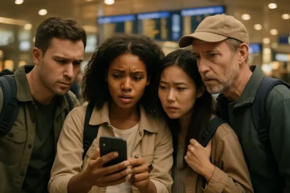 Traveler checking travel advisories before choosing an international destination