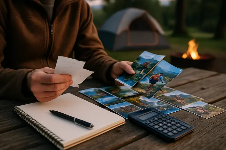 Traveler reviewing a park map beside a vehicle in desert terrain