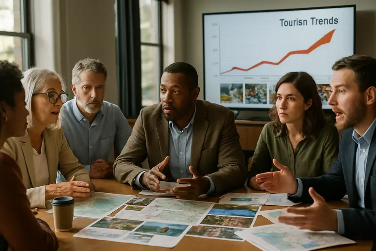 Travelers reviewing a map beside an Arkansas lake