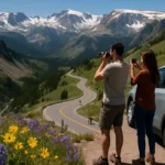 Beartooth Highway trip route with alpine road and snow above treeline