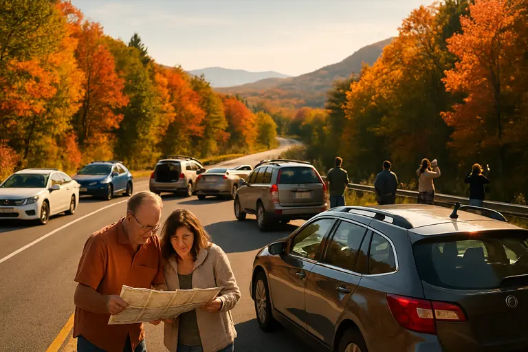 Cars parked near a mountain road with autumn trees in the distance