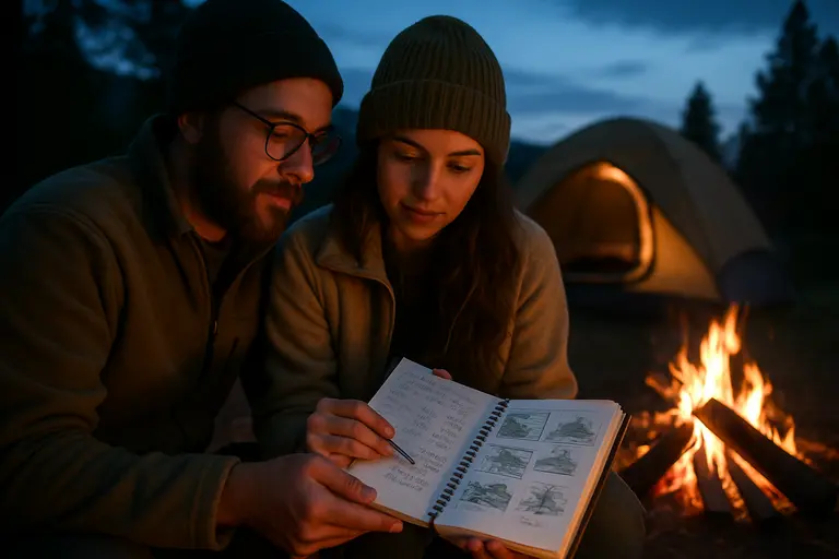 Notebook with travel costs beside hiking gear