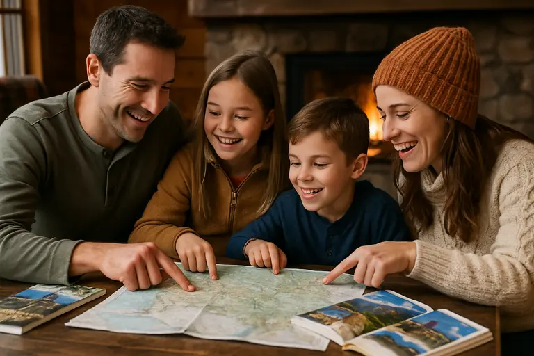 Travelers reviewing a map before a mountain park road trip