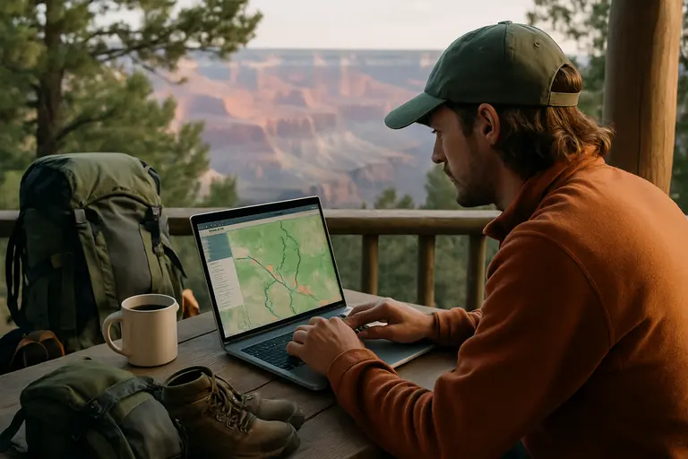 Trail map and hiking poles resting on a wooden bench near canyon overlooks