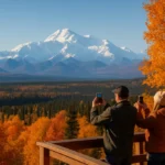 Denali Road Closures sign near a mountain road with autumn tundra