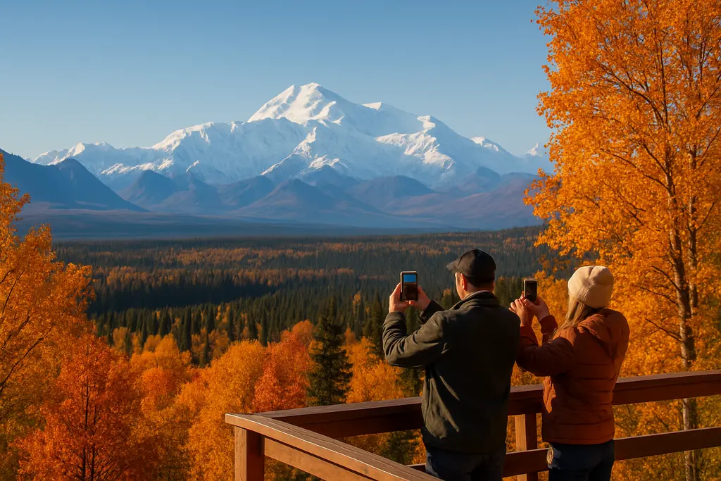 Denali Road Closures sign near a mountain road with autumn tundra