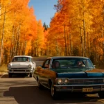 fall scenic drives on a mountain road lined with autumn trees