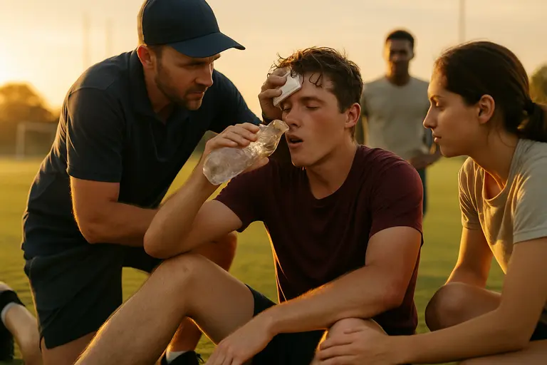 Family resting indoors with water bottles after walking in humid weather