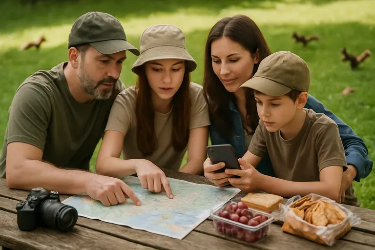 Family reviewing a park map near a wooded picnic area