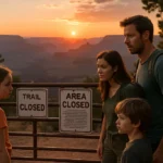 Grand Canyon closures sign near a canyon trailhead after flood damage