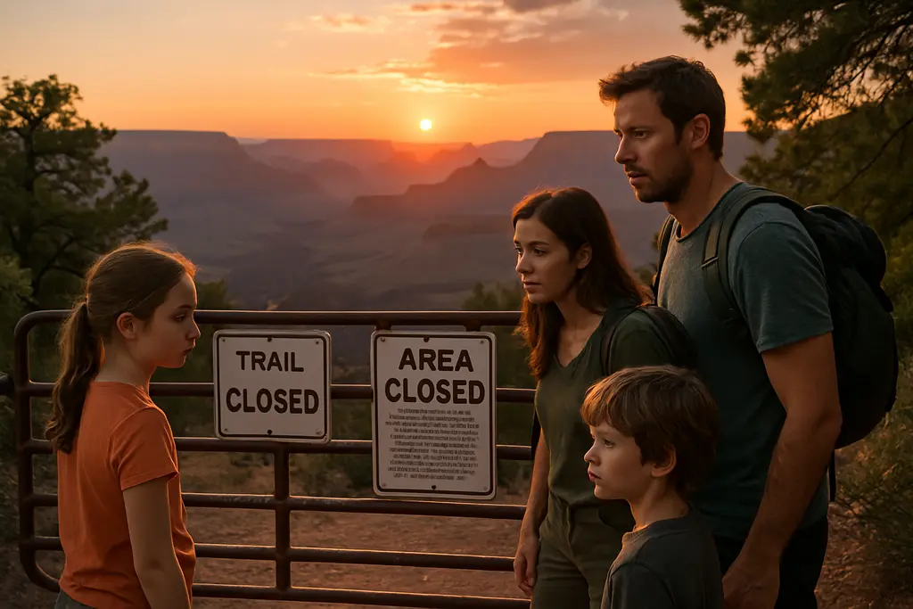 Grand Canyon closures sign near a canyon trailhead after flood damage