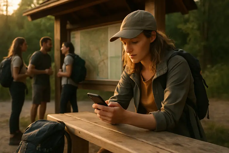 Hiker checking a map and water bottle near a Grand Canyon trailhead