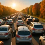Labor Day Travel cars moving slowly on a highway near a city at sunset