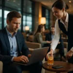 Traveler seated in a wider aircraft cabin during premium airline upgrades