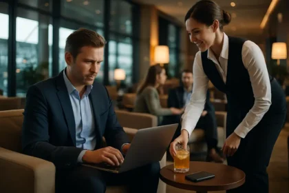 Traveler seated in a wider aircraft cabin during premium airline upgrades