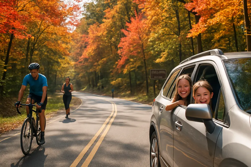 Scenic Driving Day route through wooded Rock Creek Park road in autumn