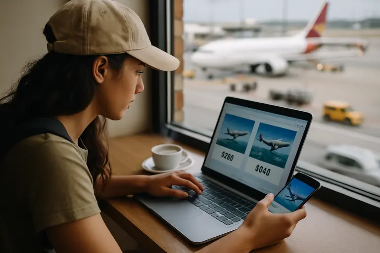 Traveler reviewing fare details and seat maps at an airport table