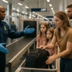 TSA Gold+ airport checkpoint area with travelers waiting near screening lanes