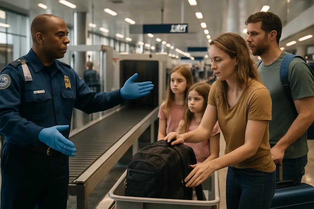 TSA Gold+ airport checkpoint area with travelers waiting near screening lanes
