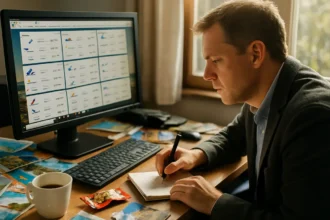 Traveler comparing airline fee disclosures on a laptop before booking a flight