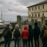 Alcatraz dock closure view of the island ferry landing from San Francisco Bay