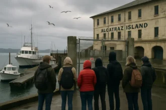 Alcatraz dock closure view of the island ferry landing from San Francisco Bay
