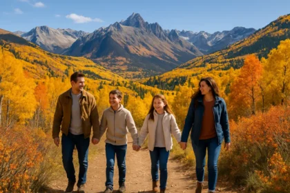 Colorado Fall Foliage along a mountain road with yellow aspens and lower valley trees