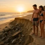 Crystal Cove Beach Access affected by eroded sand near cottages and coastal bluffs