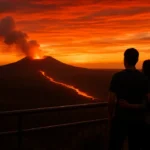 Hawaii Volcanoes closures sign near a volcanic trail with cloudy summit weather