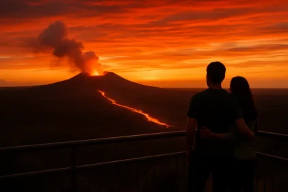 Hawaii Volcanoes closures sign near a volcanic trail with cloudy summit weather