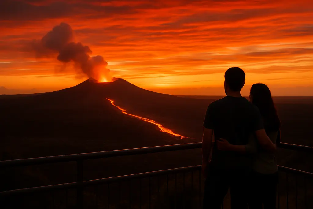 Hawaii Volcanoes closures sign near a volcanic trail with cloudy summit weather