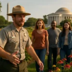 National Mall Restoration fencing across grass near a Washington DC monument