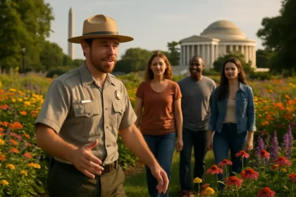 National Mall Restoration fencing across grass near a Washington DC monument