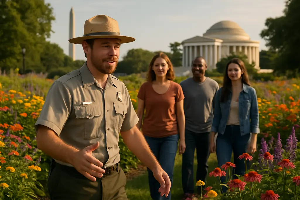 National Mall Restoration fencing across grass near a Washington DC monument